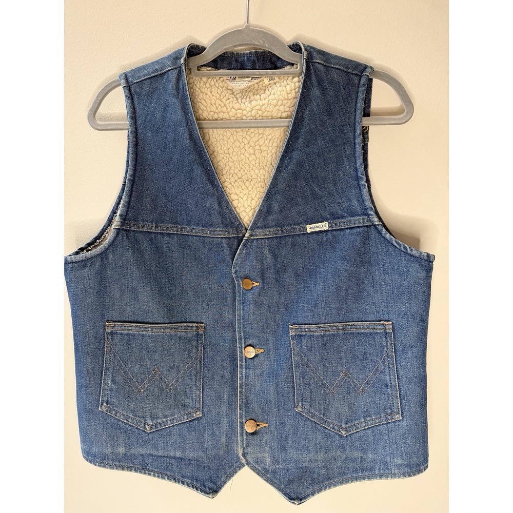 Vintage 70's Wrangler Vest Mens Large Sherpa Lined Denim Western USA Cowboy